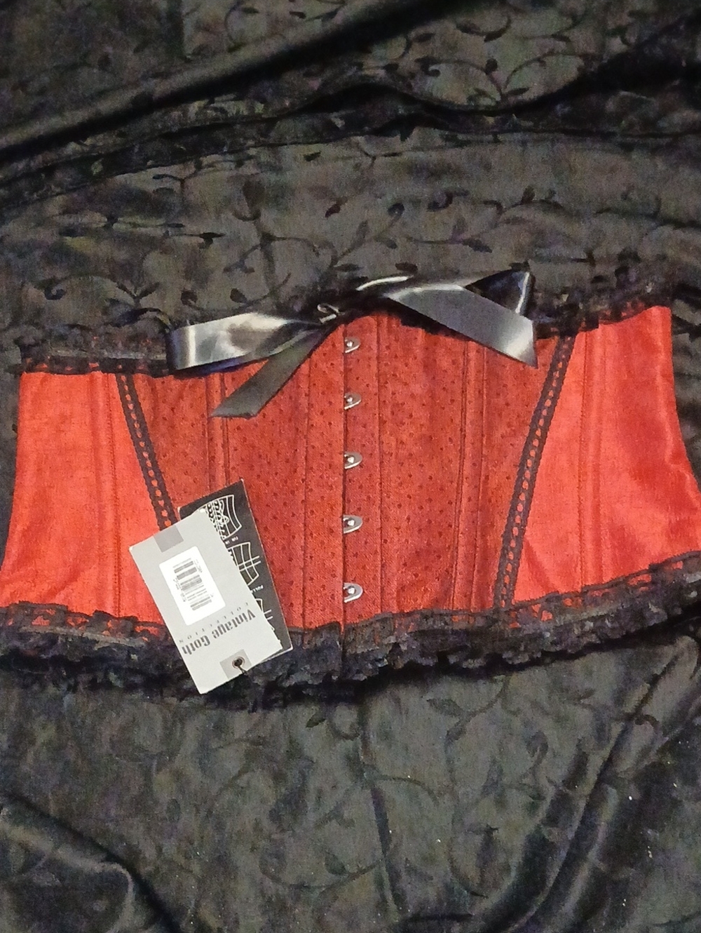 Authentic Steel Boned Red Satin Lace-Trim Corset Waist Cincher with Black Ribbon